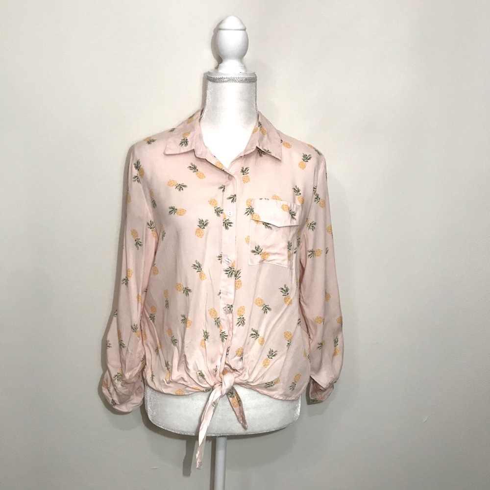 Love Notes Pineapple Print Button Up Blouse Pink … - image 2